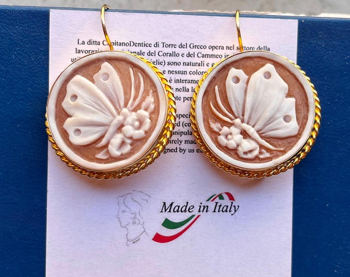Victorian Sardonyx Relief Carved Cameo Earrings Gold Silver Italy Butterfly in spring