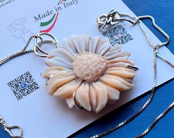 Italian artisan sunflower pendant, shell cameo, 18k gold