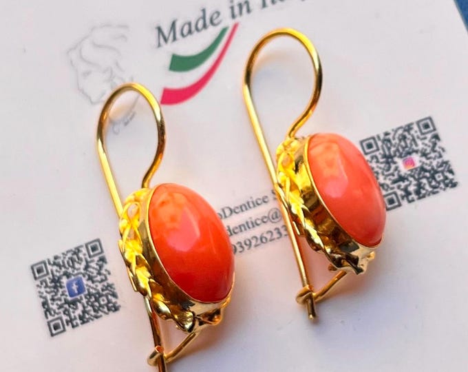 Angel skin coral earrings, natural pink cabochon, handmade in Italy, gold tone drop