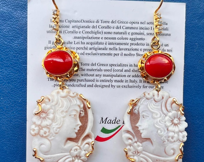 Red Coral Cameo Drop Earrings, Italian artisan jewelry, genuine gems