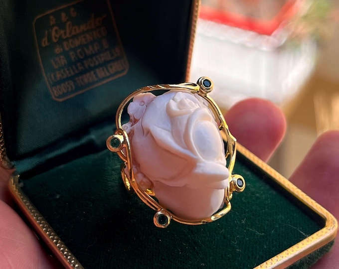 Handmade Italian 3D Rose Cameo Ring, 925 Silver 18k Gold Vermeil, Shell Cameo, Adjustable Size 8, Unique Statement Jewelry