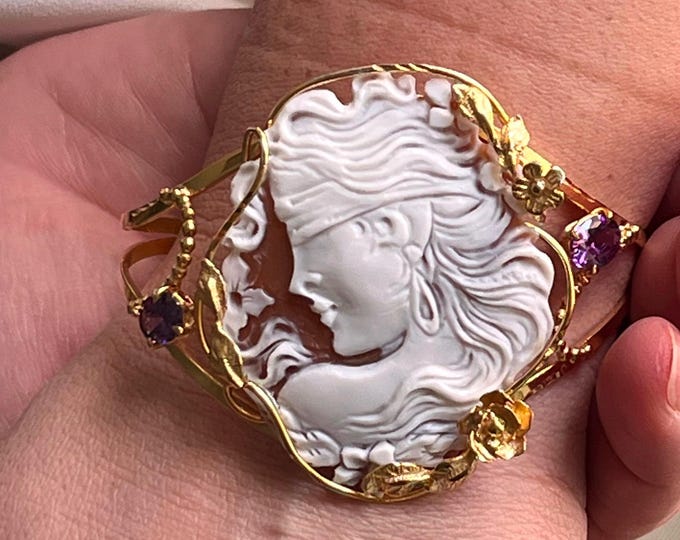 Women's Handmade Shell Cameo Cuff Bracelet, Unique Gift for Her, Victorian Style Jewelry