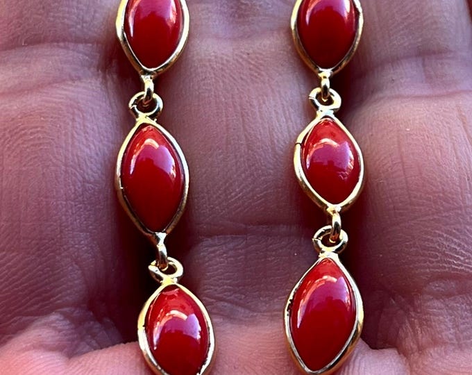 Real Italian Coral Drop Earrings 925 Silver | Dark Red Natural Mediterranean Coral, 40mm Dangle, Made in Italy Jewelry