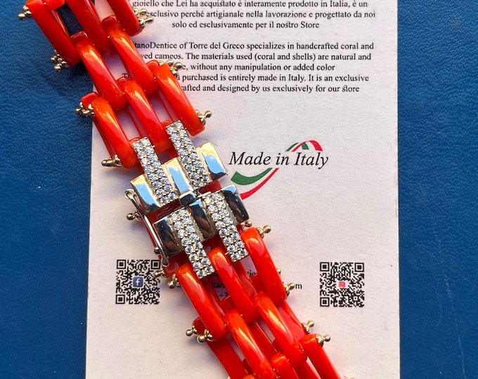 Mediterranean Red Coral Bracelet in 925 Sterling Silver, Tiffany Style Chain, Crystal Clasp, Italian Artisan Jewelry, 7.5 inch