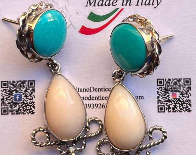 Turquoise & Pink Coral Silver Earrings, Handmade Italian Jewelry