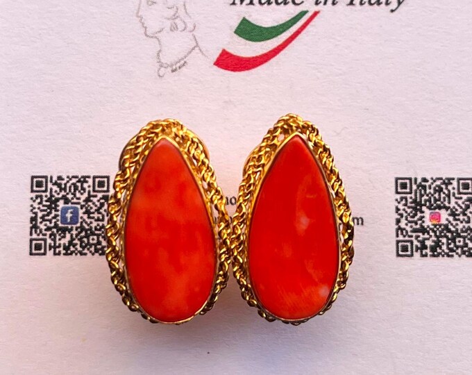 Handmade Red Coral Drop Earrings, Natural Gems, Elegant Women's Earrings, Gift for Her gold18k