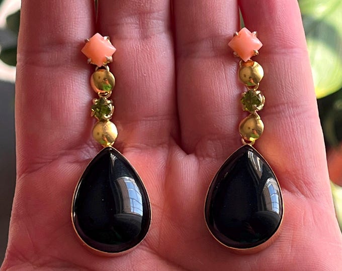 Artigianali Orecchini Estate, Onice Nera, Gioiello Elegante, Corallo Rosa, Donna Moderna, Regalo Per Amiche