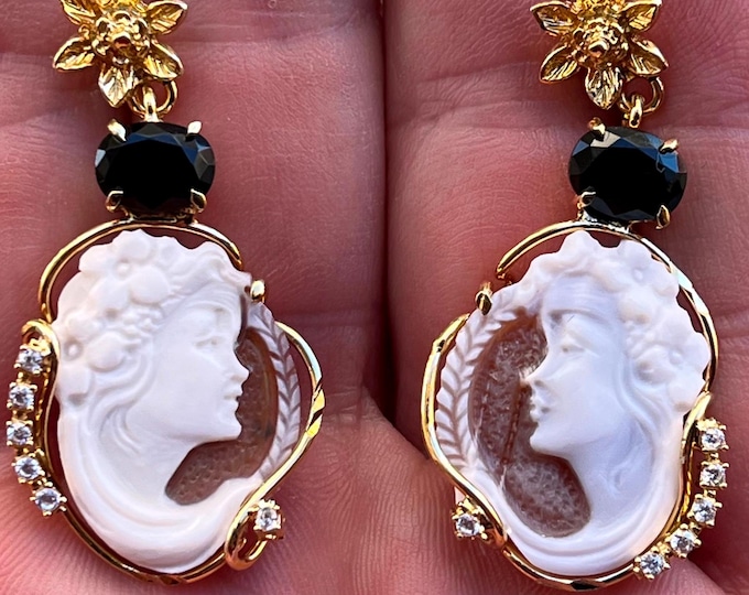Italian Cameo Earrings with Black Onyx and Crystals - Elegant Gift for Her