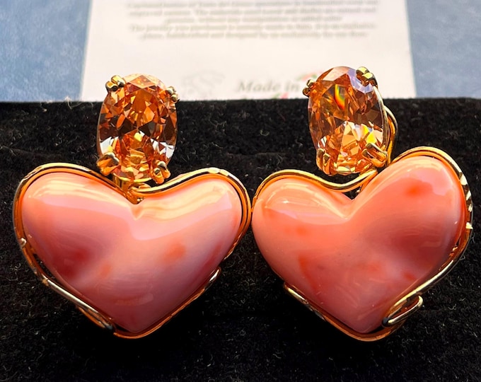 Handmade pink coral heart studs, natural coral, Italian design, exclusive