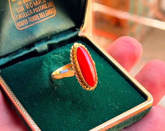 antique style silver 925 yellow gold coral red dark ring very nice heart size 7