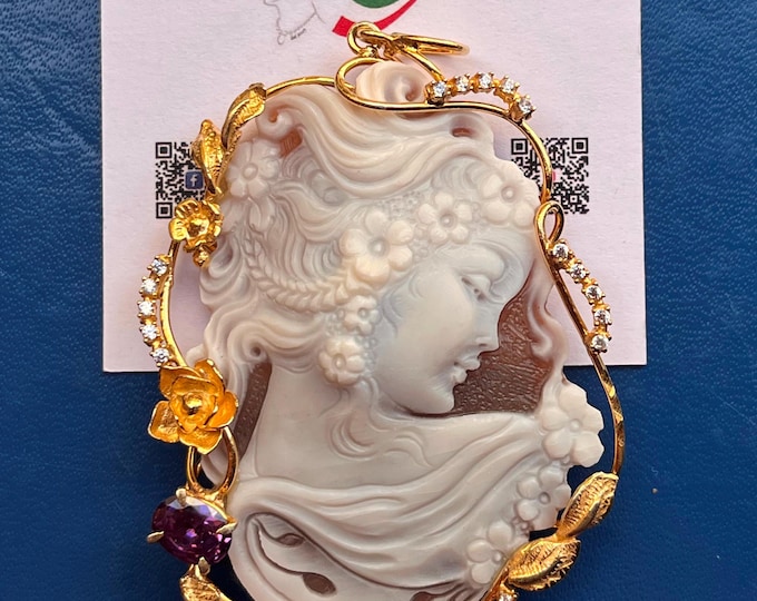 Shell Cameo Pendant, Handmade Jewelry, Amethyst Accent, Gifts for Girlfriend, Anniversary Gifts, Unique Necklace