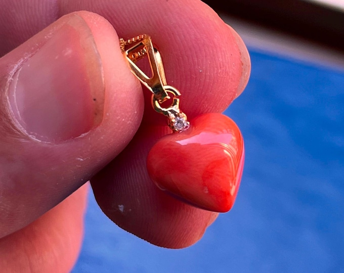Italian Pink Coral Heart Necklace, 18k Solid Gold Dainty Pendant Genuine Angel Skin Coral Charm Handmade Italy Jewelry Romantic Gift for Her