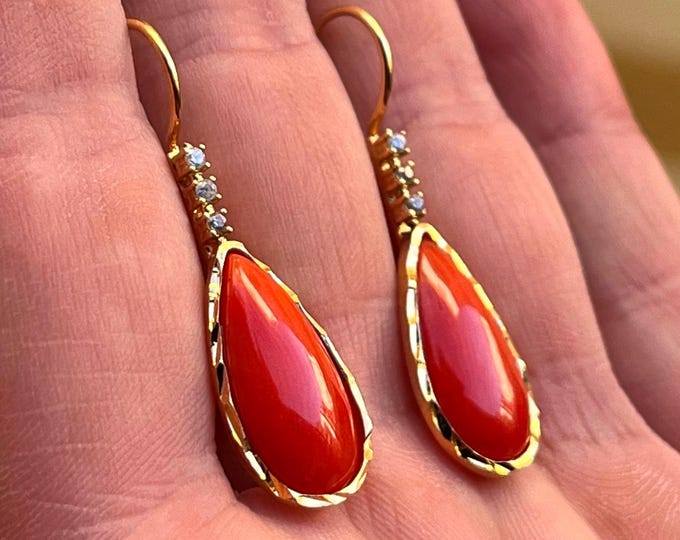 Handmade Red Coral Drop Earrings, Natural Gems, Elegant Women's Earrings, Gift for Her gold18k