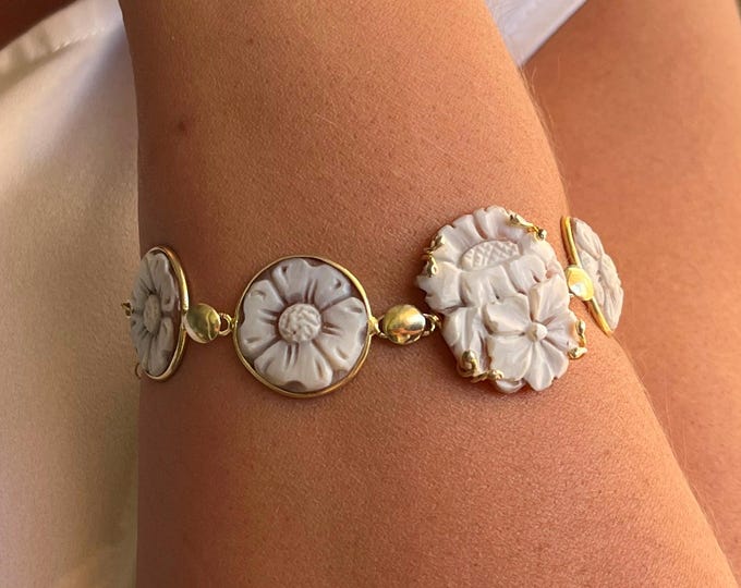 Handmade Floral Shell Cameo Bracelet, Freshwater Pearl, Artisan Jewelry