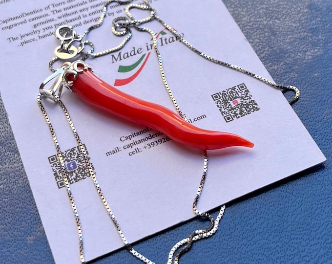 Genuine Red Coral Italian Horn Necklace - Lucky Neapolitan Cornicello Charm in 18K Gold Plated 925 Sterling Silver