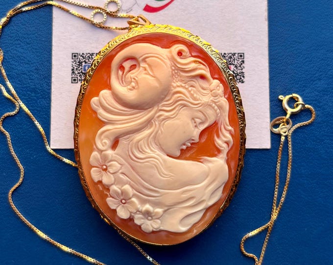 Artisan cameo necklace or brooch, antique-style sculpture, Italy made