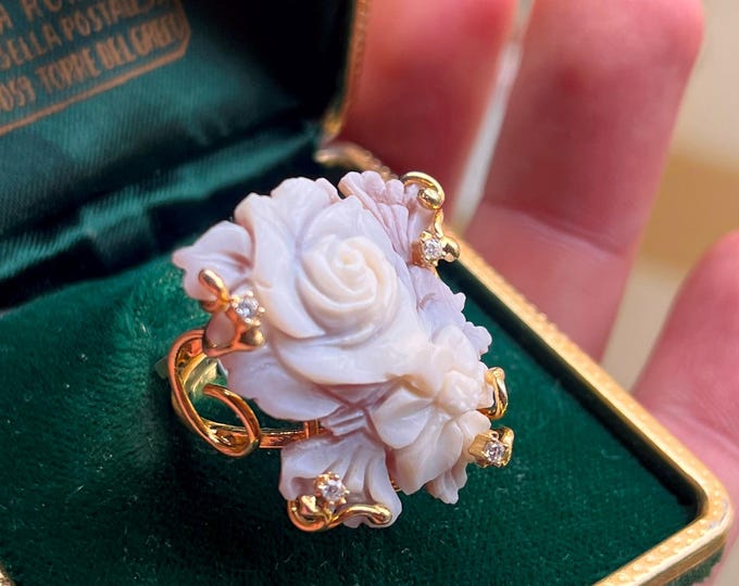 Handmade Italian 3D Rose Cameo Ring, 925 Silver 18k Gold Vermeil, Shell Cameo, Adjustable Size 8, Unique Statement Jewelry