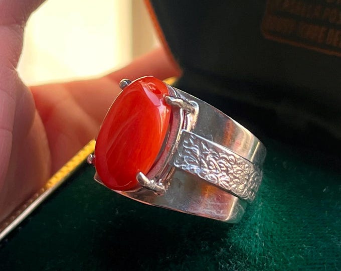 Men's Coral Ring with Large Natural Stone, Handcrafted Size 9 Statement Ring