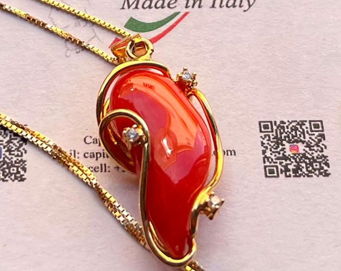 Natural coral drop pendant, genuine hand carved comma, 18k gold plated 925 silver, crystal accents