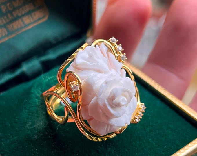Handmade Italian 3D Rose Cameo Ring, 925 Silver 18k Gold Vermeil, Shell Cameo, Adjustable Size 8, Unique Statement Jewelry