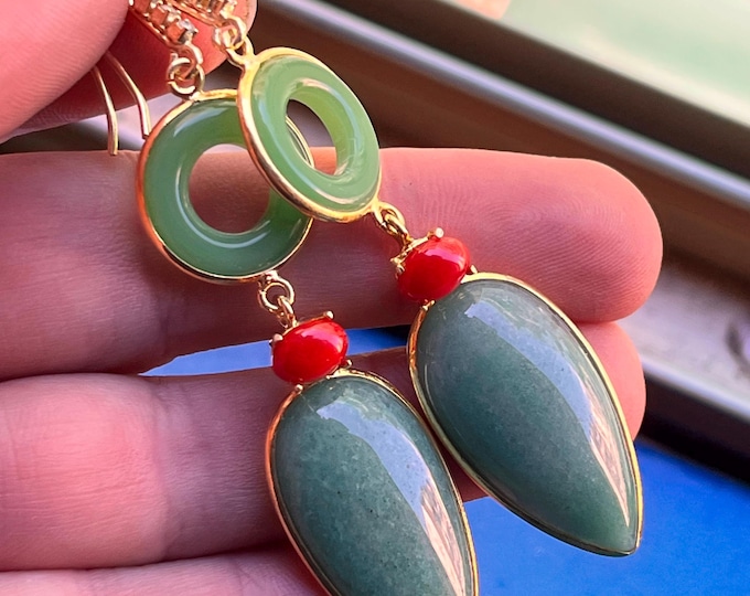 Jade Coral Earrings, Handmade Fashion, Summer at the Seaside, Women's Jewelry, Summer Gift, Gold 18K Accents
