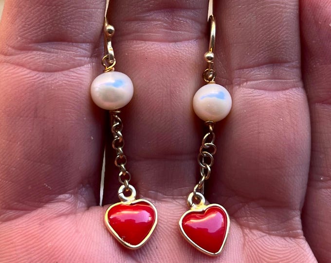 Natural Pearls and Coral Earrings, Handmade Heart Design, Love Symbol, Passion Jewelry, Gift For Her, Boyfriend Gift