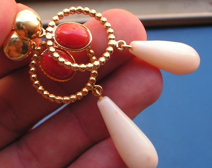 Handmade Red Coral and Pink Coral Earrings, Natural Gems, Elegant Women's Earrings, Gift for Her gold18k