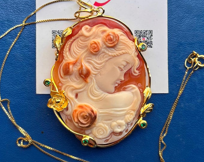 Handmade Italian shell cameo necklace, woman amid roses, gold tone, retro style
