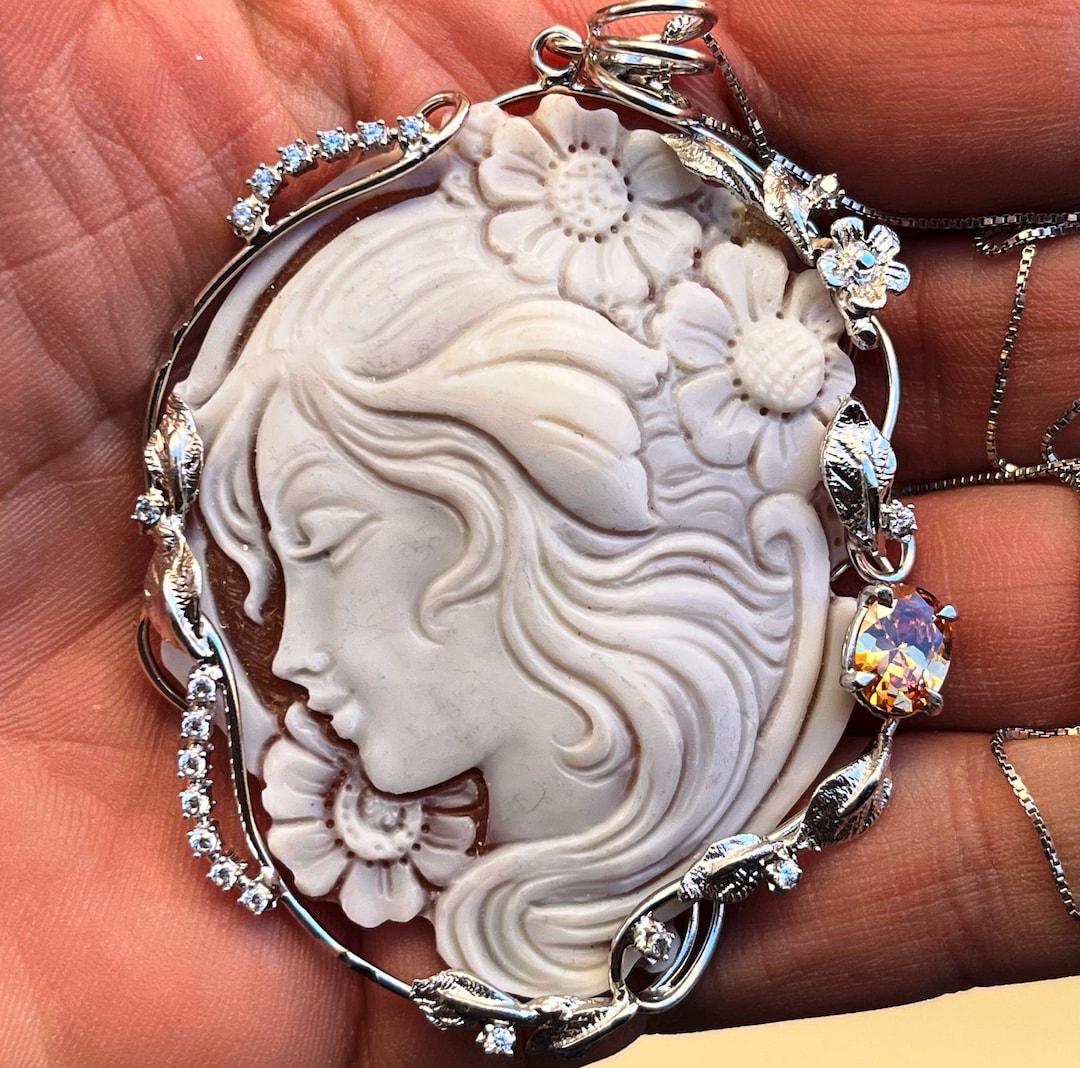 Hand Carved Shell Cameo Necklace | Champagne Tourmaline, Sterling ...