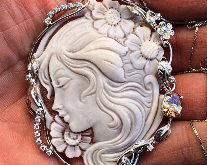 Masterpiece Hand Carved Shell Cameo Necklace | Real Champagne Tourmaline & Sterling Silver | OOAK Italian Jewelry Woman with Flowers