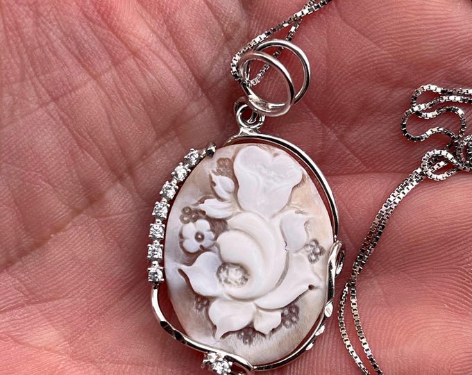 Hand Carved Shell Cameo Locket Necklace, Sterling Silver Floral Pendant