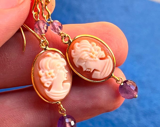 Torre del Greco Cameo and Amethyst Drop Earrings, 18k Gold, Italian Artisan Jewel, Regal Style, Gift Idea