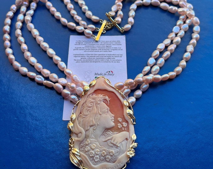 Shell cameo pendant on champagne pearls, handmade, 18k gold details