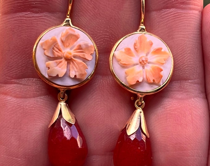 Orecchini corniola cammeo artigianali, donna elegante, esclusivi, coral jwelry, Regalo Esclusivo