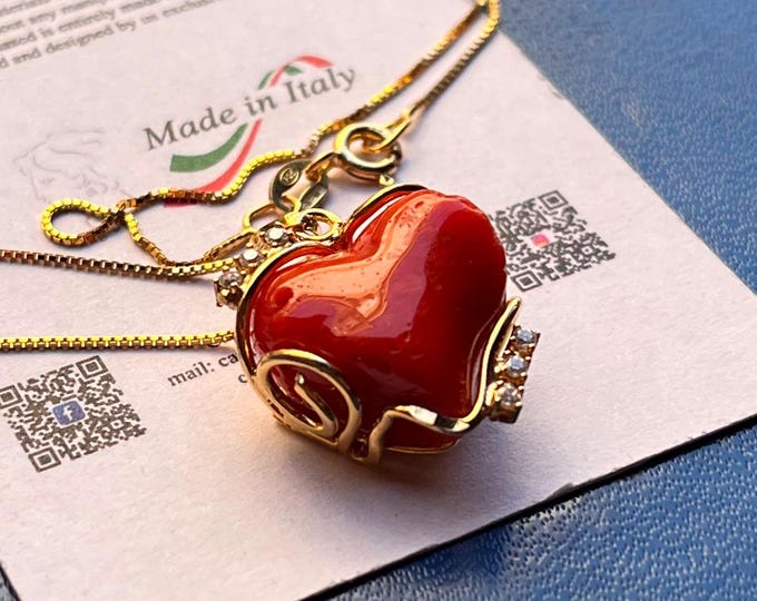 Large Italian Red Coral Heart Necklace 25mm – 18K Gold Vermeil 925 Silver, Sparkling Crystals, Gift for Her, Made in Italy