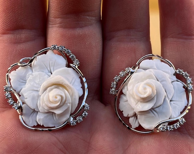 Hand Carved Shell Cameo Rose Earrings – Sterling Silver Rhodium, Clip On Studs with Crystals, Italian Made Gift for Her
