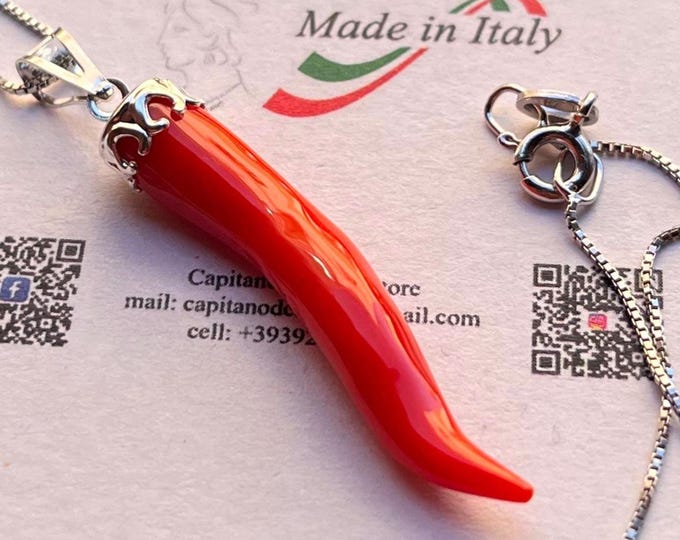 Genuine Red Coral Italian Horn Necklace - Lucky Neapolitan Cornicello Charm in 18K Gold Plated 925 Sterling Silver