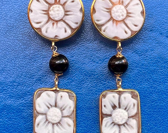 Orecchini Cammeo Artigianale, Incisione Manuale Fiore, Gioielli Personalizzati, Made In Italy, Orecchini Floreali, Regalo Esclusivo