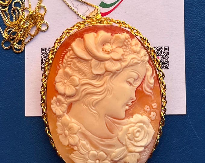 Hand-Carved Shell Cameo Pendant Brooch, 18K Gold , Rare Floral Woman Jewelry, Large Italian Gift