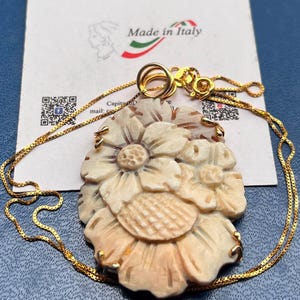 Handskuret snäckskal-prästkrage-cameo-hänge, 18k guld sterlingsilver, italienska blommiga smycken bild 6