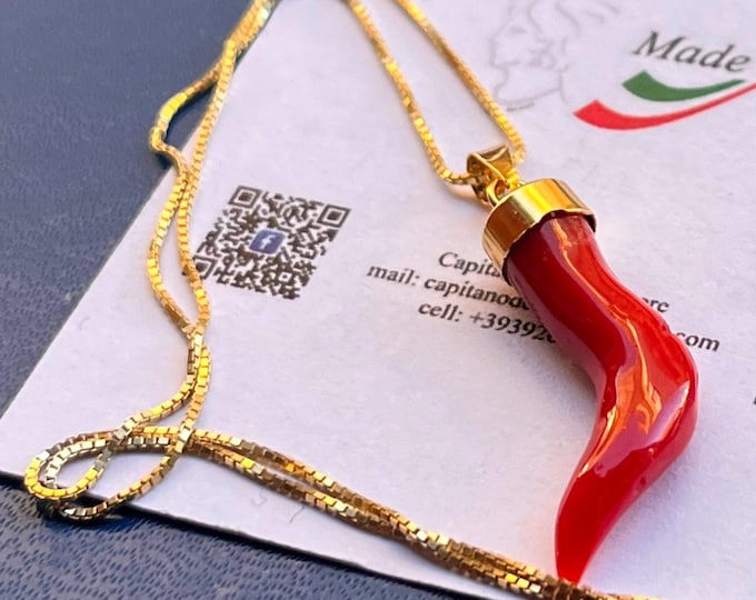 Red Coral Horn Amulet, 18k Gold Plated Sterling Silver, color red dark - AKA