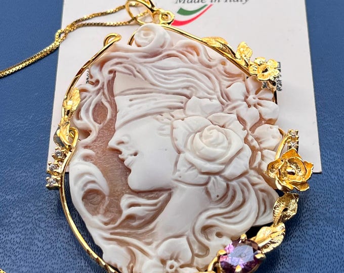 Handmade Sardonyx Shell Cameo Pendant: 925 Silver Gilt Necklace (55mm)
