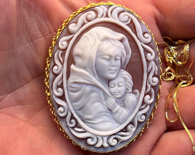 Gold framed shell cameo pendant brooch, Mother and Child relief, Italy made