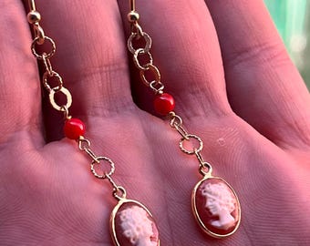 Corallo rosso Orecchini profilo femminile, Stile deco, Artigianale, Cammeo Conchiglia, Regalo Mamma, Orecchini Donna