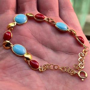Coral Red Gemstone Bracelet, Handcrafted Natural Coral Jewelry, Artisan Red Coral Bracelet, turquoise gems, summer