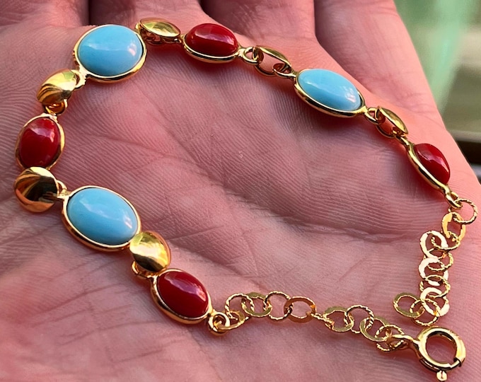 Coral Red Gemstone Bracelet, Handcrafted Natural Coral Jewelry, Artisan Red Coral Bracelet, turquoise gems, summer