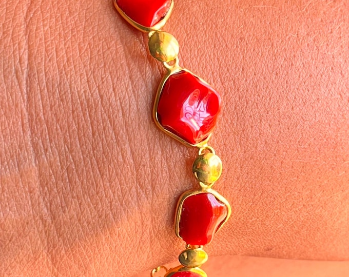 Antique Style Mediterranean Red Coral Italy Silver Gold Bracelet 20 Cm Long