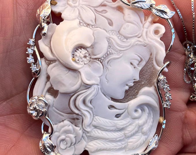 Hand Carved Cameo Pendant Necklace: Sardonic Shell, 925 Rose Silver