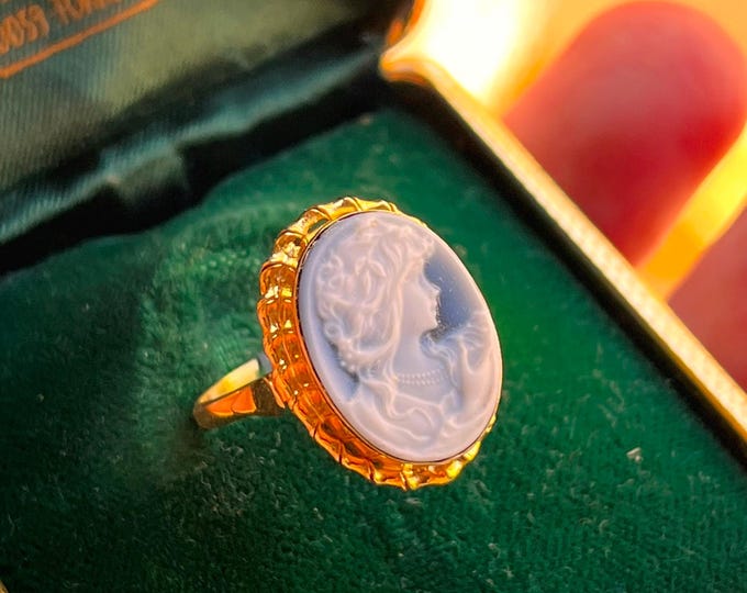 Blue Agate Cameo Ring: 18K Gold Adjustable Bridal Jewelry