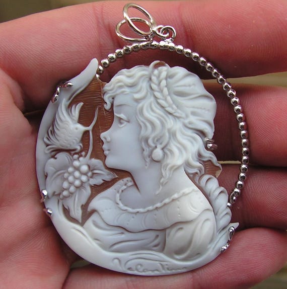 Broche Pendentif Camée Vintage Coquillage En Argent Sterling 925 - Italie - Longueur 4.5 Cm